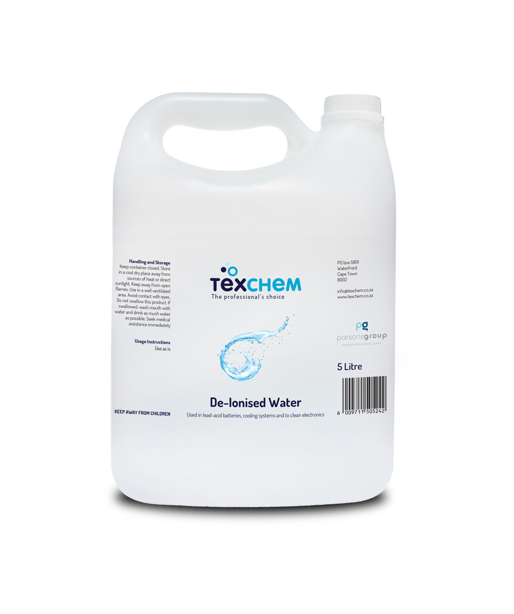 Texchem - Ind - De-ionised Water "Di-H2O" - Liquid - 5ltr Can