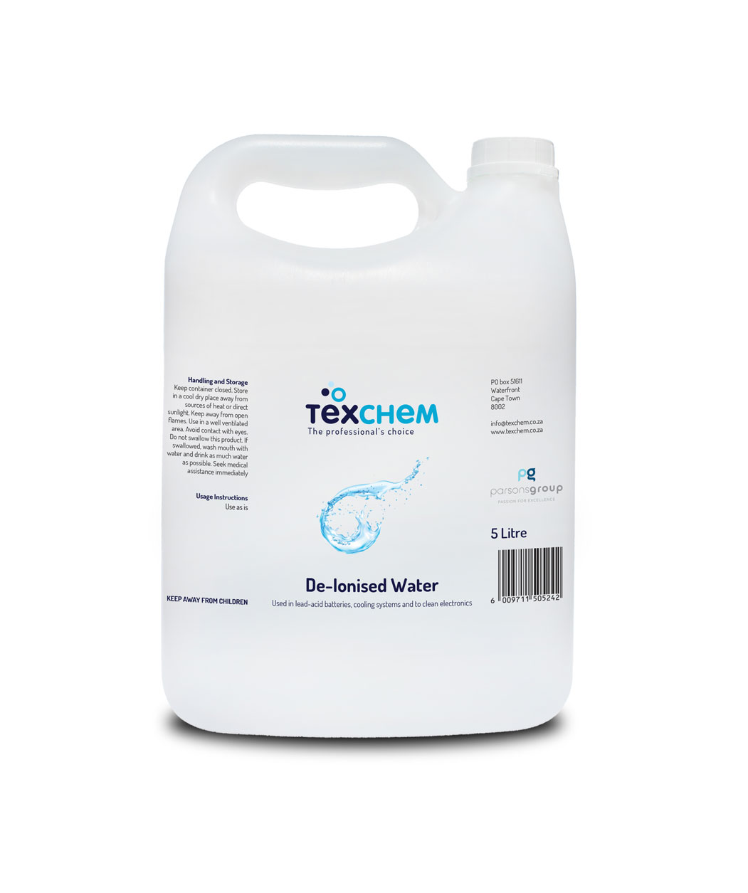 Texchem ™ - Ind - De-ionised Water "Di-H2O" - Laundry Liquid - 5ltr Can